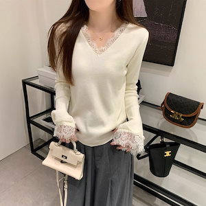 10個セット Vネック気品レースのパッチワークニット女性春秋長袖高級下地インナーセーター