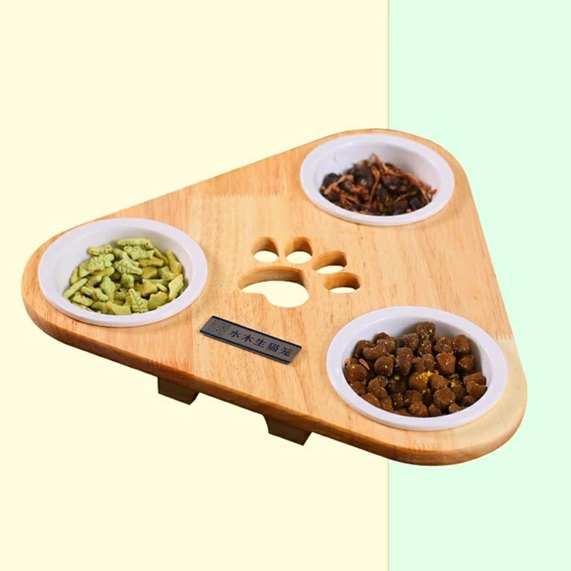 多頭飼い スタンド付きボウル 三つ ペット食器 セラミック ペットボウル フード用 えさやり えさ皿 木製スタンド付き オーク 覆しない 中小型犬用 清潔便利 滑り止め ペット用品 えさ皿 陶器 頸椎