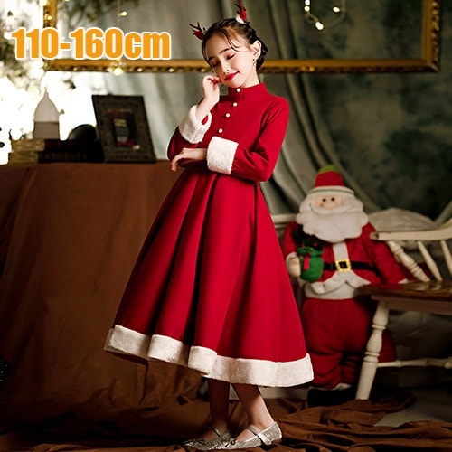 【クリスマス】子供服 クリスマス衣装 女の子 ワンピース 帽子 髪飾り セット 仮装 キッズ ガールズ コスチューム 長袖 誕生日 プレゼント ギフト 子供 ハロウィン衣装 暖かい 秋 冬 110 1