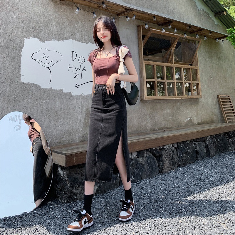 デニムスカート レディース サイドスリットスカート 2024春夏 韓国風 ハイウエスト ミドル丈 ブラック ヒップスカート