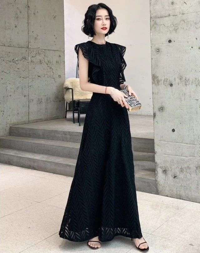 パーティードレス ロング ロングドレス 結婚式 お呼ばれドレス 黒 赤 白 総レース 袖あり 大きいサイズ 3L 4L 小さいサイズ Aライン フレア フリル袖 韓国 7,610円