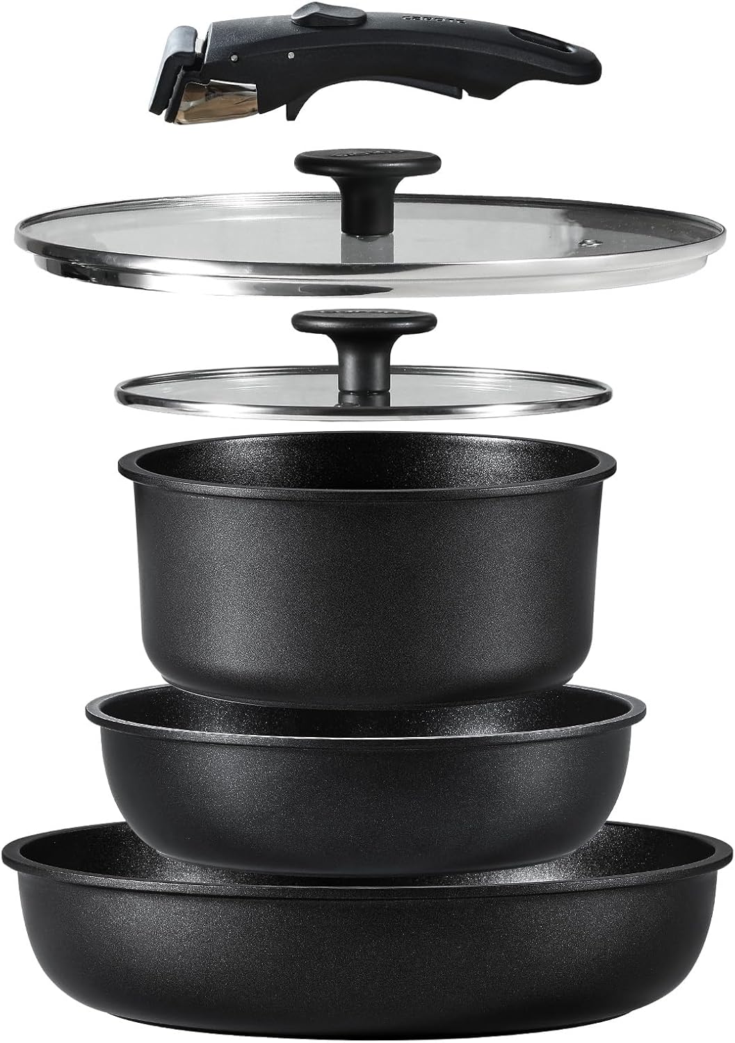 CAROTE カローテ フライパン 鍋 セット IH&ガス火対応 6点 PFOAなどの有害物質不使用 プロ仕様 5層構造 チタンコート 軽量 取っ手のとれる 洗練されデザイン コンパクト収納 1人暮ら