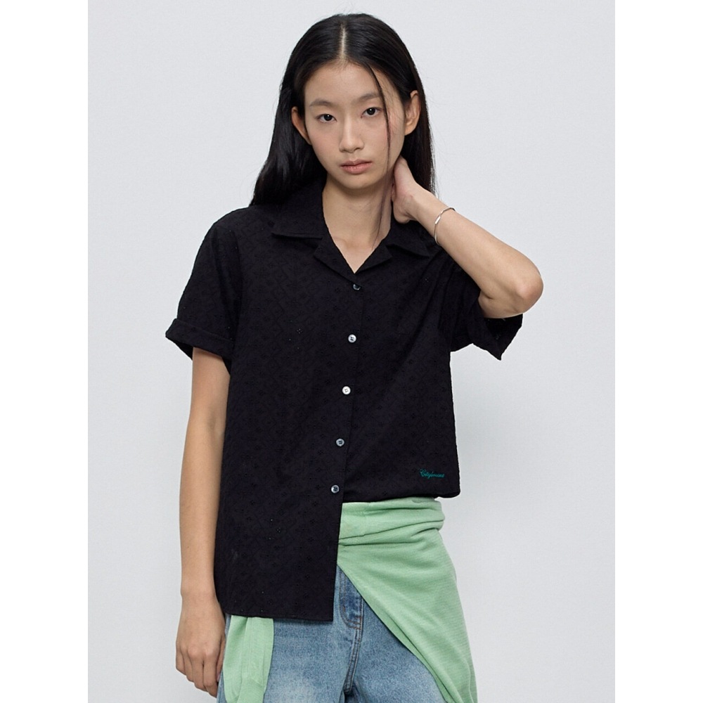 CITYBREEZE フローラルパンチングショートスリーブシャツブラック
