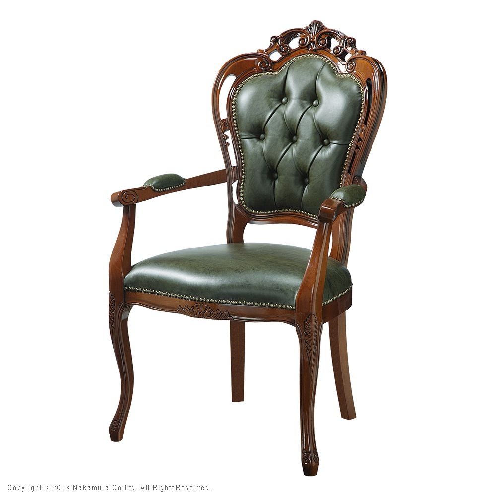 ダイニングチェア 椅子 おしゃれ 本革 レザー アンティーク クラシカル 肘掛け グリーン エレガント 天然木 完成品 チェア イタリア製 猫脚 座面高48cm