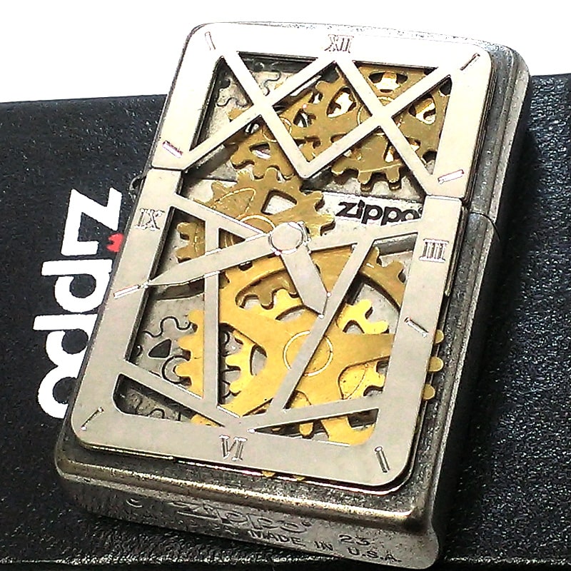 ZIPPO ライター 可動式メタル 古美仕上げ ジッポ ロゴ ギアメタル スケルトン 歯車 アンティーク シルバー 時計 文字盤 おしゃれ クロームユーズド 珍しい かっこいい メンズ プレゼント