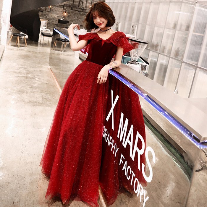 演奏会用ドレス 半袖 カラードレス レッド ロングドレス パーティードレス ウェディングドレス 発表会 結婚式 ピアノ 二次会 ドレス 前撮り 結婚式 花嫁