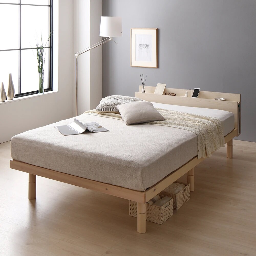 【即納！最大半額！】 ベッドフレームのみ ダブル ベッド すのこ 天然木 棚付き スマホスタンド コンセント付き ベッド