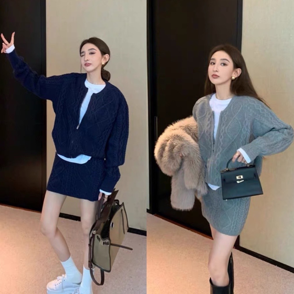 【セットアップ】ケーブル編み ニットカーディガン＋ニットスカート ニット セットアップ ミニスカート set up ニットアップ ２カラー a5061 6,073円