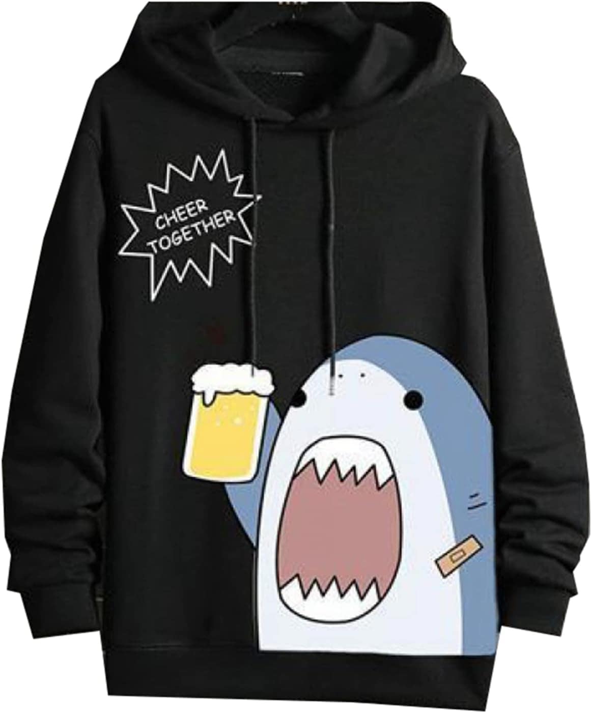 男性 スウェットパーカー トレーナー サメ柄 漫画柄 可愛い 薄手 軽量 プルオーバー 流行し 通気 ストレッチ フード付き 体型パカー トップス 柔らかい 丈長め カジュアル ハンサム 長