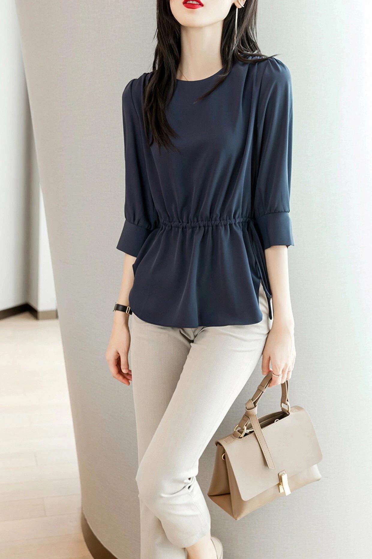 【2026 売れ中】新作レディース トップス シャツ ブラウス プルオーバー 長袖 ギャザー 薄手 かわいい 人可愛い きれいめ シンプル 上品 おしゃれ 無地 普段使い M L XL 2XL 3XL