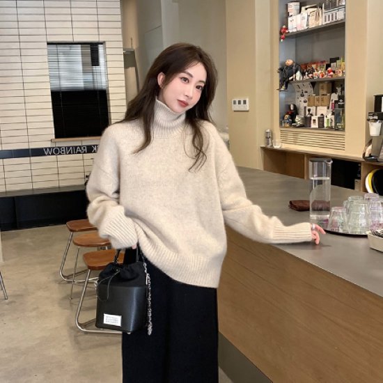 ニットトップス レディース ニット セーター トップス 長袖 ハイネック タートルネック シンプル 無地 定番 ベーシック プルオーバー カジュアル お出かけ きれいめ ルーズシルエット