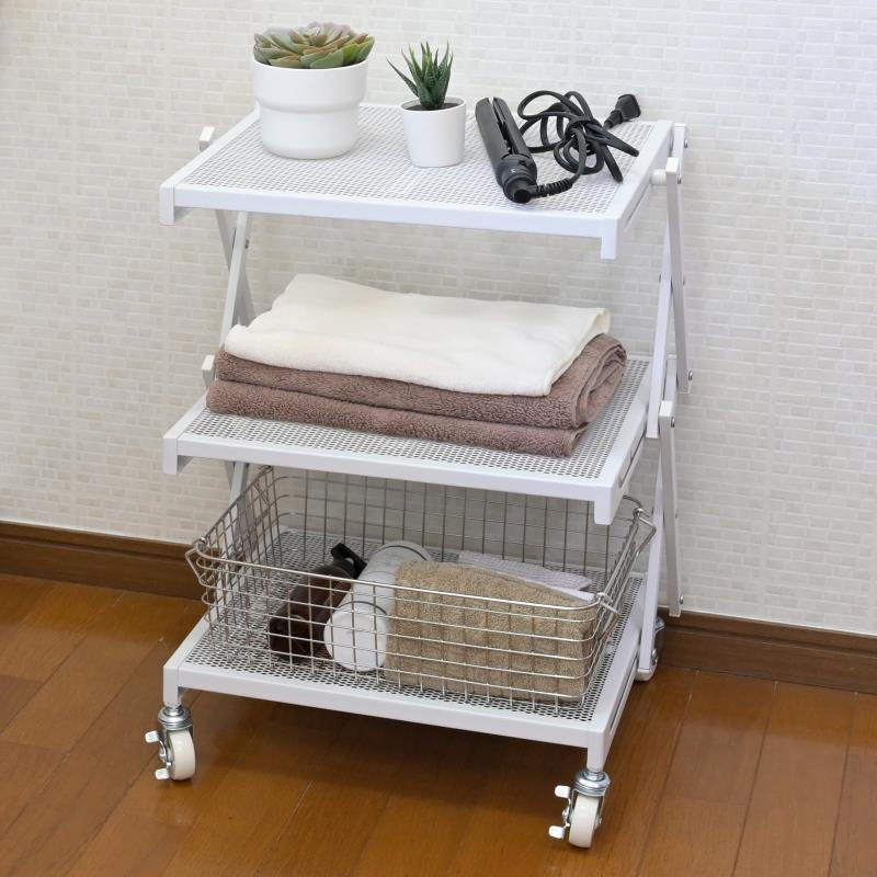 山善(YAMAZEN) ワゴン 折りたたみ すぐに使える (本体完成品/キャスターを付けるだけ) キャスター付き 3段 幅45.5×奥行35×高さ46.5/61.5cm スチールラック 組立簡単 ホワ