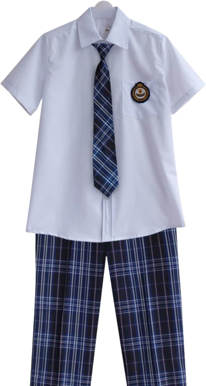 制服 学生服 男子 半袖 ズボン ネクタイ ワッペン 4点セット (01, L)