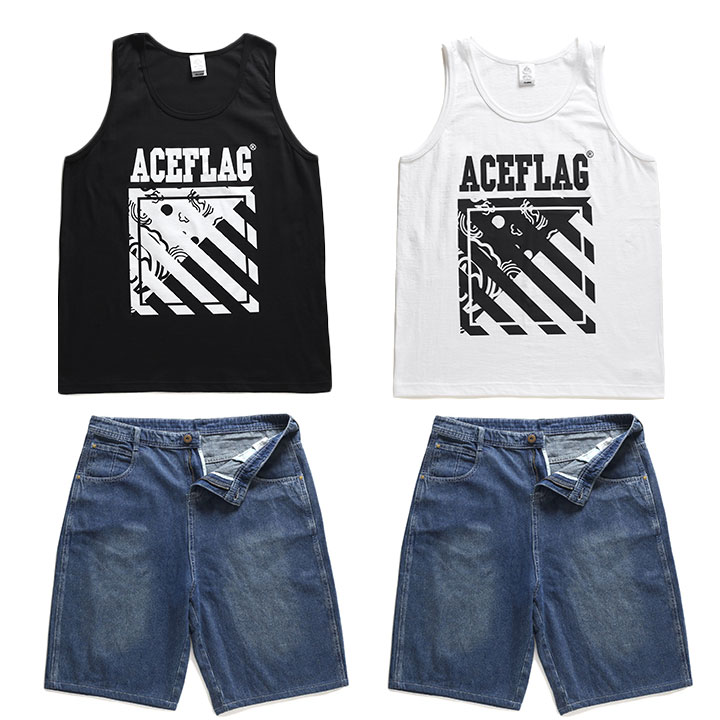 ACE FLAG 上下セット ノースリーブ ブランド Tシャツ ハーフパンツ 上下 メンズ 春夏用 黒/白 大きいサイズ エースフラッグ セットアップ b系 ヒップホップ