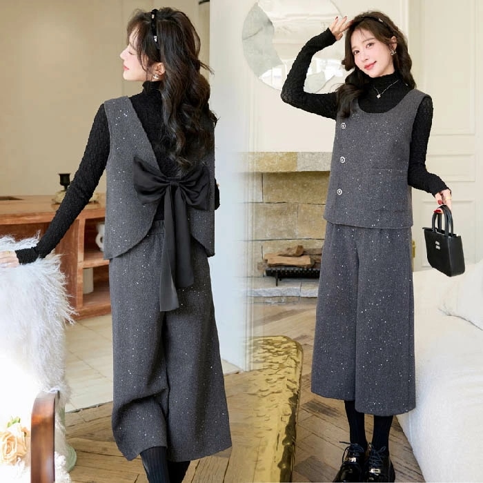 セットアップ レディース ベスト ジレ 後ろボタン ワイドパンツ パンツスーツ 3点セット バックジャン ベスト 春 秋 レイヤード風 重ね着 インナーＴシャツ付き さらりと心地よい 着痩せ シン