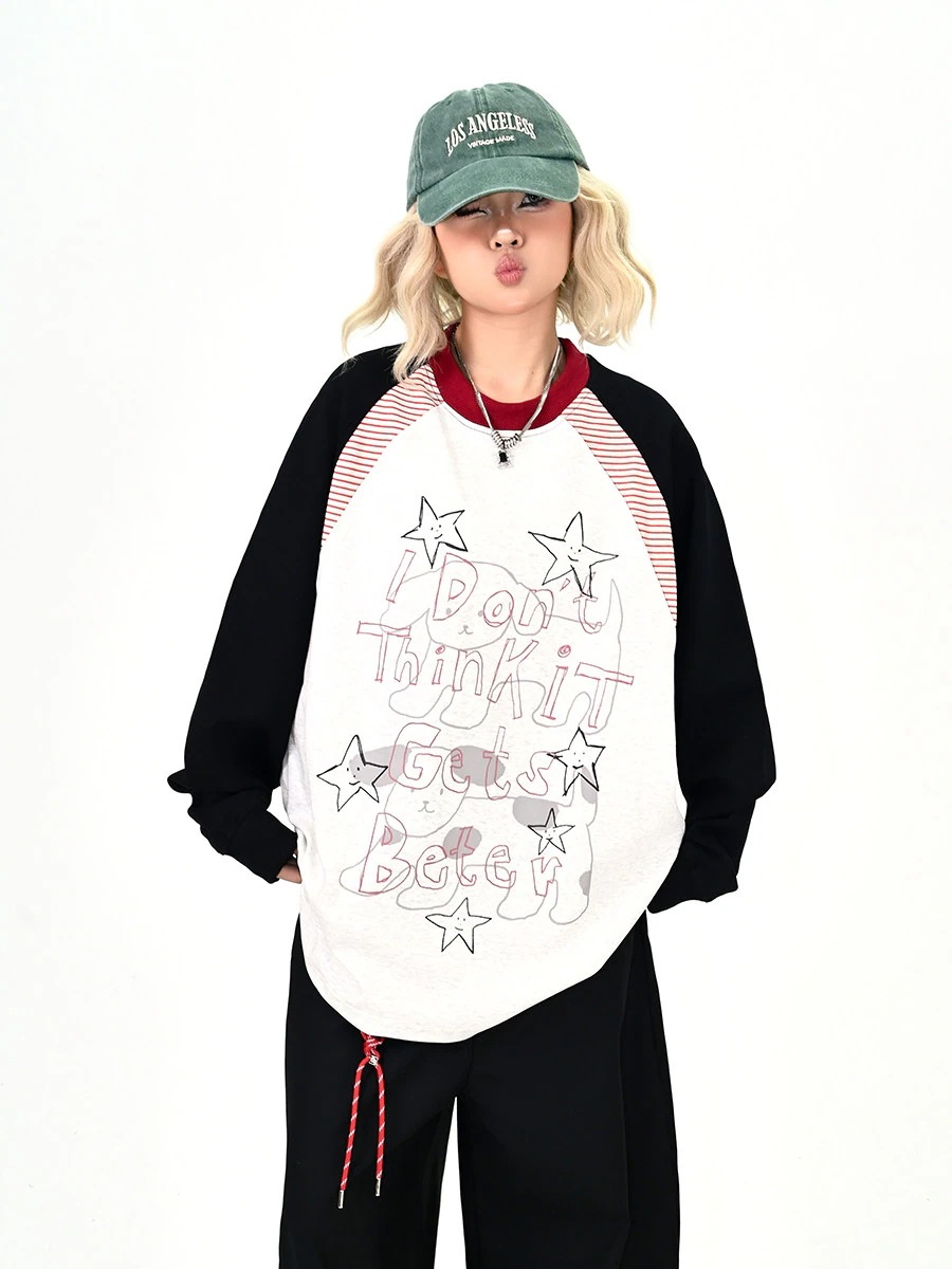 Tシャツ 長袖 レディース ロンT 秋 冬 ラグラン袖 柄 ロゴ プリント バイカラー オーバーサイズ ゆったり ビッグシルエット ストリート 韓国 ファッション BF風 厚手 トップス