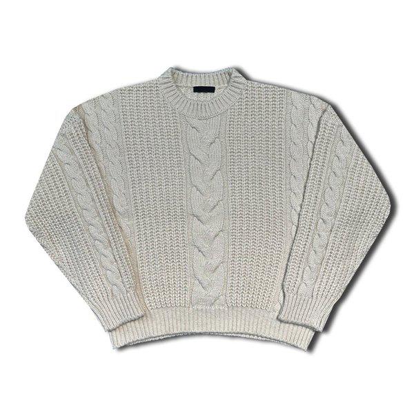 メンズワッフルケーブルラウンド長袖ニットTシャツ OF-KN-Q014-クリーム