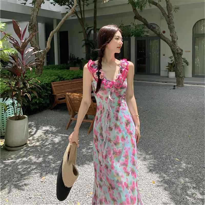 フレンチローズ レース Vネック フローラル ドレス サマー ロング プルオーバー 夏 ワンピース バカンス 上品 ノースリーブ レディース