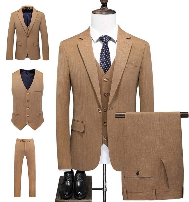 シングルスーツ スーツ メンズ スリムスーツ カジュアル ビジネススーツ フォーマルスーツ 3ピーススーツ 上下 ジャケット+パンツ+ベスト メンズスーツ 3点セット キャメル 紳士服 結婚式スーツ