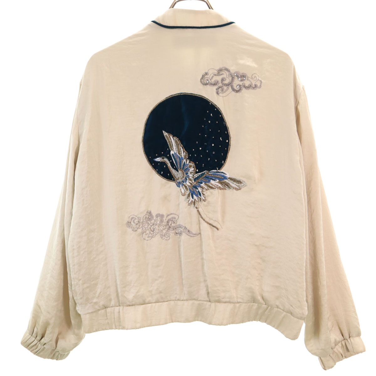 ZARA BASIC ザラべーシック バック 鳥 刺繍 ブルゾン M クリーム レディース 古着