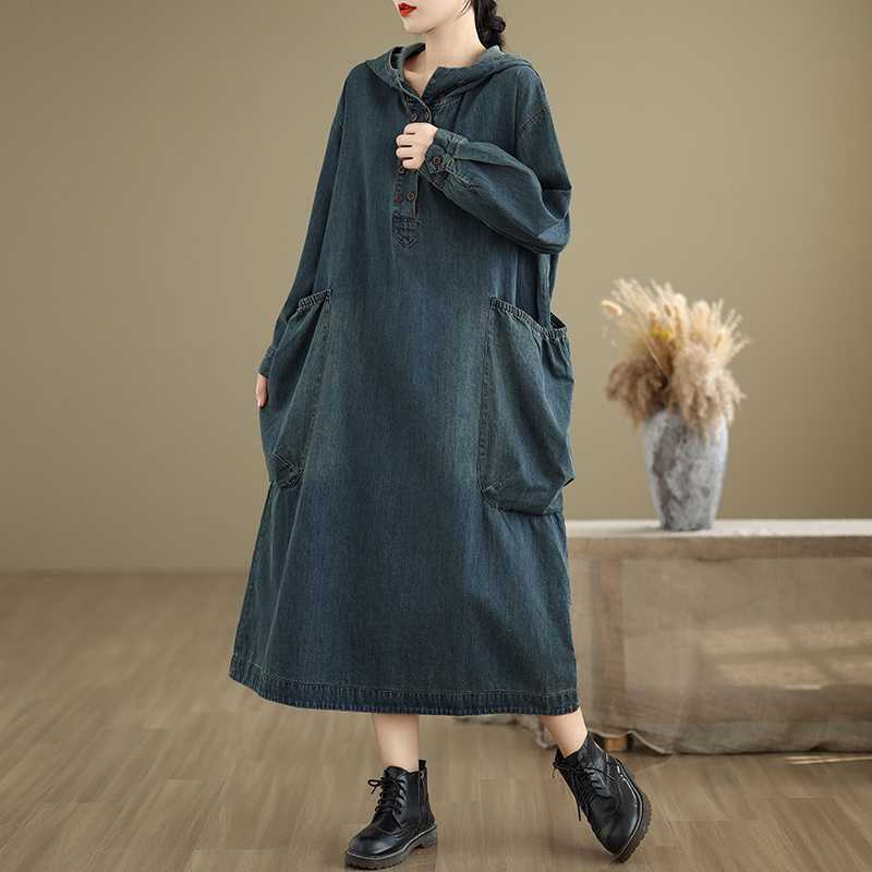 「ファットガール」 2024秋新品 デニムワンピース 大きいポケット付き パーカーワンピース 大きいサイズ 体型カバー フード付き レディース ロングワンピース メガ割