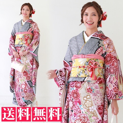 レンタル最大20日間 振袖 レンタル 成人式 セット 20点フルセット 黒地に疋田柄と牡丹桜菊藤成人式から結婚式やフォーマルまで　着物　kimono フリソデ ふりそで renta