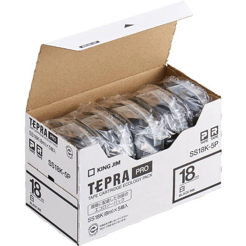 テプラ テープカートリッジ 5個セット 純正 キングジム TEPRA PRO プロ SS18K-5P 幅18mm 白x黒文字