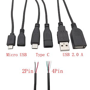 USB電源ケーブル2/4ピンマイクロUSB/USB 2.0 a/type cオス-メスコネクタ,データ充電ケーブル,30cm