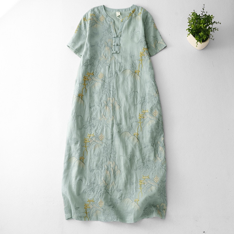 【急速出荷】刺繍ラミー麻ワンピース女性レトロVネックバックル新中式半袖ロングスカート