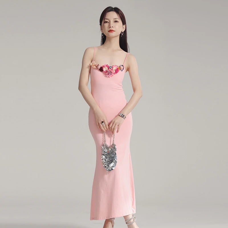 フランスキャミワンピース重工立体花胸パッド付きストラップワンピース2024夏ロングワンピース