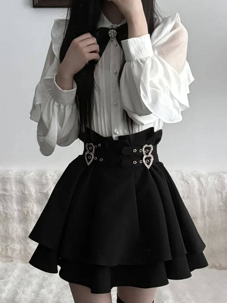 【急速発送】無.料 量産型地雷系学院風セットアップリボンシャツトップス＋ハーフスカートの2点セット