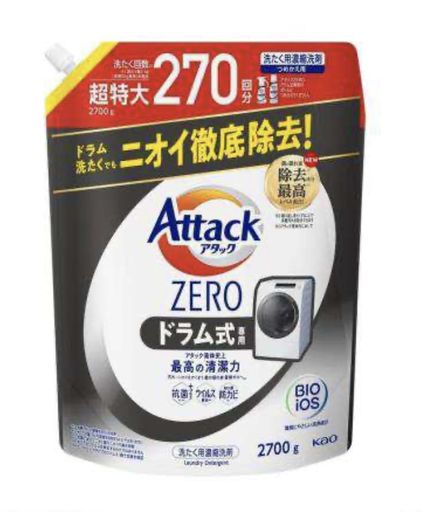 【超特大】 アタックZERO 洗濯洗剤 液体 ドラム式専用 アタック液体史上 最高の清潔力 菌の隠れ家蓄積0へ 詰め替え用 2700G(デカラクサイズ)