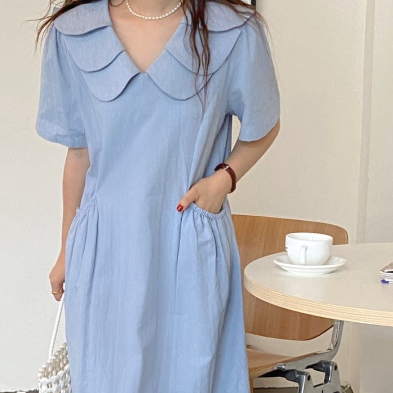 2color レディース ワンピース フリル ブルー ホワイト 大人可愛い きれいめ 大人 上品