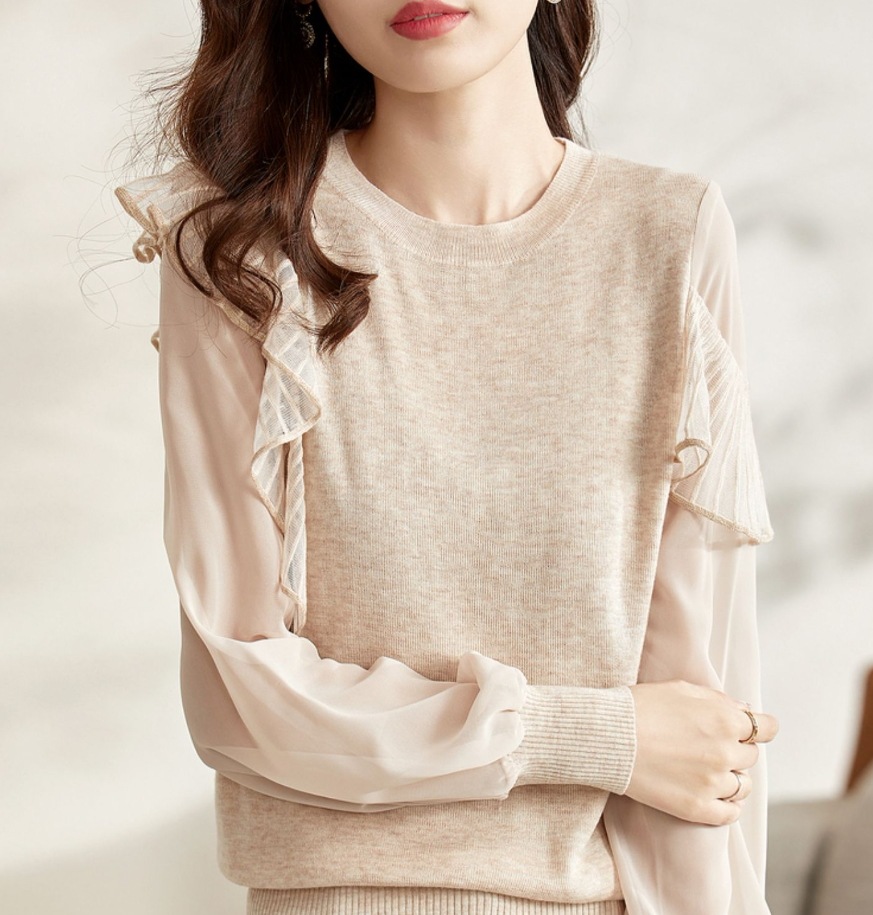 デート レース モテアイテム ニットソー 長袖 チュール シフォン フリル 透け感 シースルー 可愛い きれいめ 上品 おしゃれ かっこいい 可愛い ラブリー キュート ガーリー クール