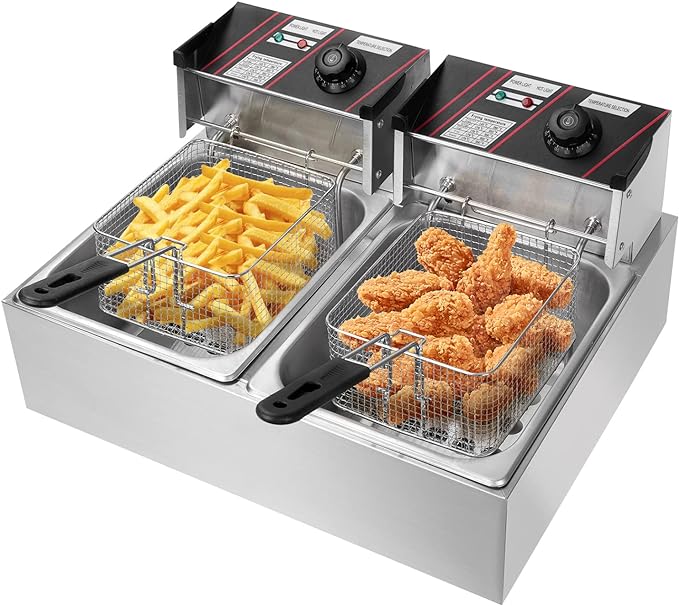 電気フライヤー 業務用 二槽式 12L 大容量 卓上フライヤー 100/110 温度調整付 2500Ｗ 揚げ物 天ぷら 唐揚げバスケット付き 個別通電可能 ダブルシリンダー ステンレス鋼 防錆性あ