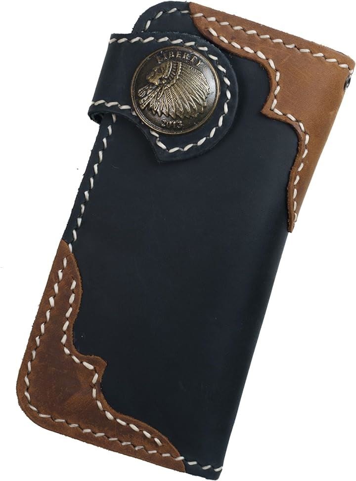 財布 メンズ バイカーズウォレット 長財布 本革 ライダースウォレット レザーウォレット 二つ折り ブラック xブラウンxインディアン( ブラック xブラウンxインディアン)