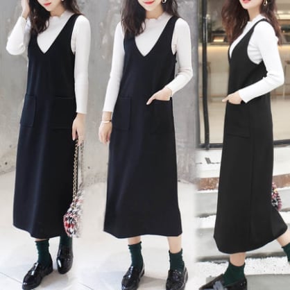 レディース ワンピース ロング ノースリーブ Vネック Iライン ストレート シンプル 無地