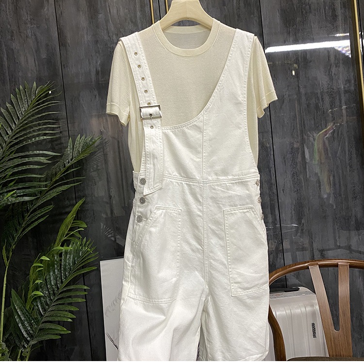ハイウエストの女性用韓国春夏ジーンズスリムで年齢を軽減するビブショーツ白のゆったりカジュアルワイドレッグパンツ