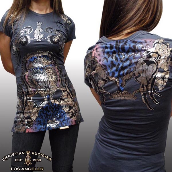 セール クリスチャンオードジェー レディース チュニック Tシャツ Christian Audigier MOROCCAN TEMPLE グレー インポート ハリウッド LAセレブ ファッション
