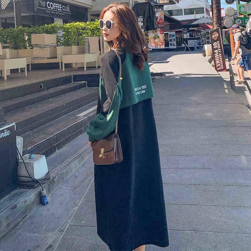 ワンピース レディース ルーズ 重ね着 レイヤード風 デザイン スウェット ロング トレーナー ミディ丈 長袖 袖あり ラウンドネック ドロップショルダー ロゴ入り バイカラー ゆったり 普段使い