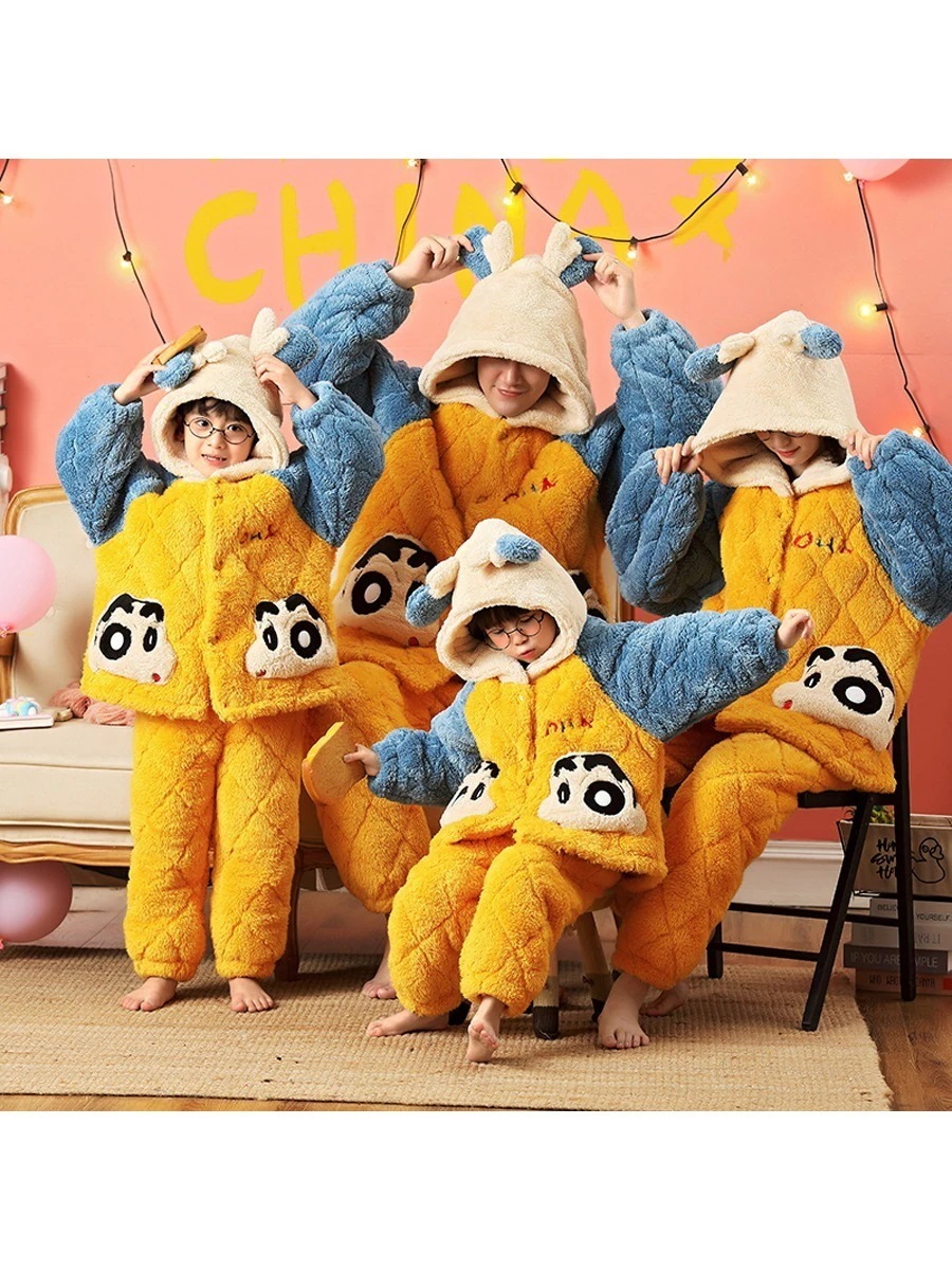 冬 クレヨンしんちゃん 親子パジャマセット コーラルベルベット カップル 家着 三層キルト 増厚ベルベット