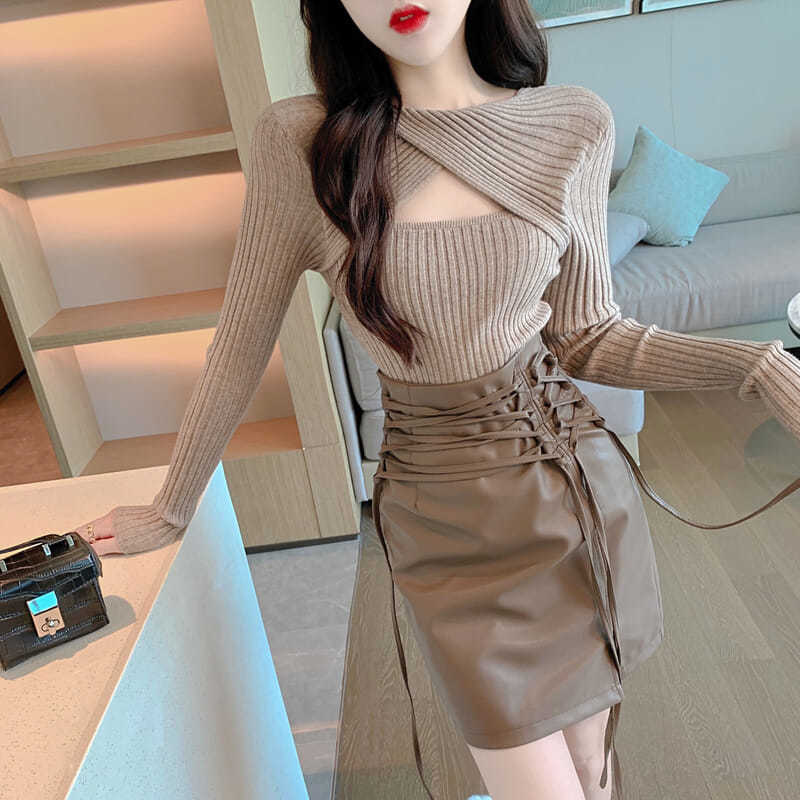 秋冬ショートベースニットセータートップ+レザースカートハーフレングスショートスカートレディーススーツ 母の日-0010101 5,714円