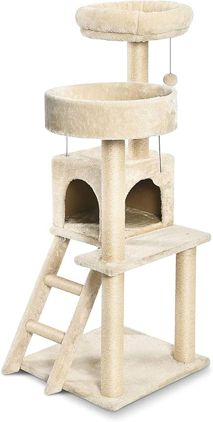 キャットタワー 多頭飼い 据え置き 木製 天然サイザル麻使用 省スペース (49長さ x 49幅 x 126高さ cm)