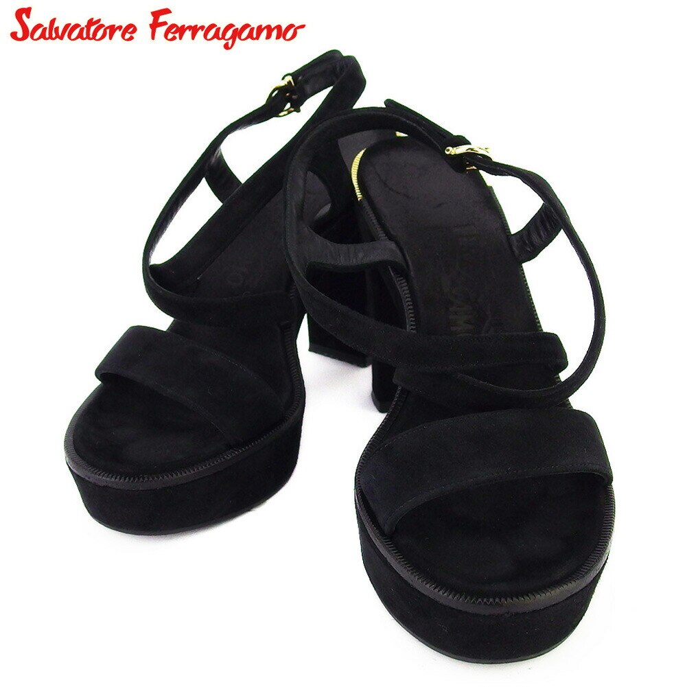 サンダル シューズ 靴 クロスデザイン レディース 5C チャンキーヒール ブラック ゴールド 中古