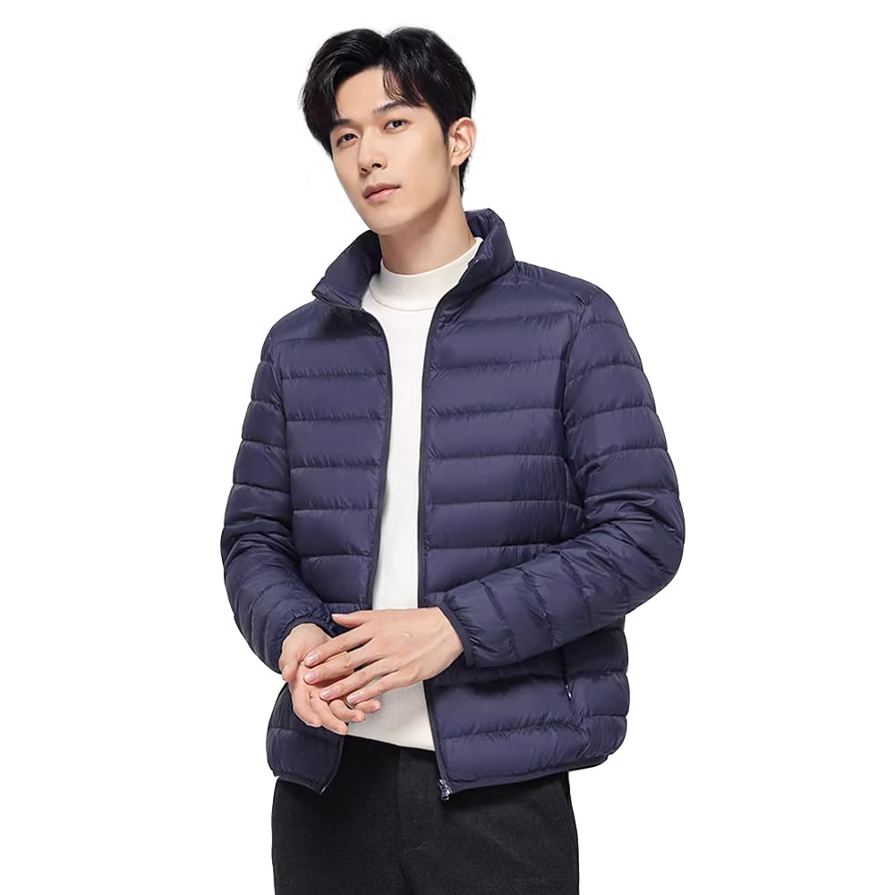 Beylimcy メンズ ダウンジャケット ウルトラライト ダウン ジャケット 無地 軽量 暖かい 防寒 秋冬 収納袋付き Bey50 (2XL, 襟-ネイビー)