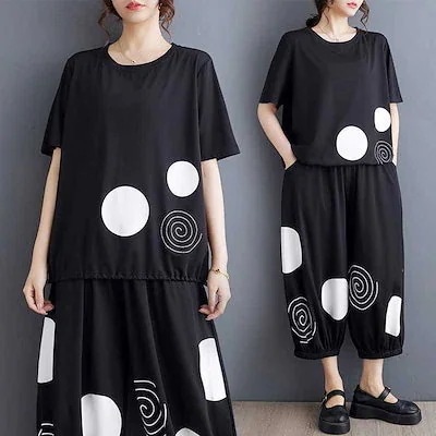 2024 春夏 大きいサイズ 今週の割引は 25% オフですレディース プリント 半袖 Tシャツ ハーレクインパンツ ツーピーqoo10