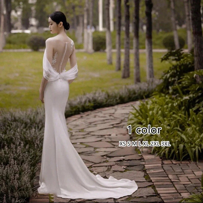 ウェディングドレス 大きいサイズ マーメイド 袖あり 白二次会花嫁 フィッシュテール 上品マキシ丈