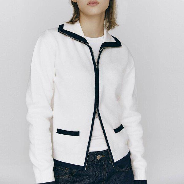 女性の春秋ダブルジャカードティッピングツーウェイジップアップカーディガン550635_s