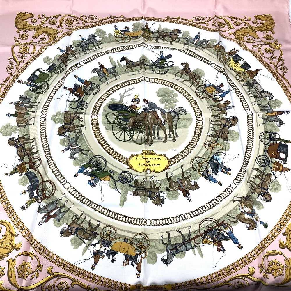 スカーフ カレ90 LA PROMENADE DE LONGCHAMPS ロンシャンへの散歩 シルク ピンク