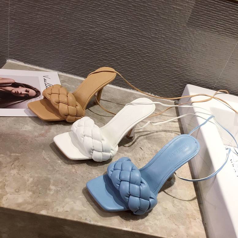 3color レディース スクエアレースアップサンダル ツイストメッシュ スクエアトゥプレート ミュ